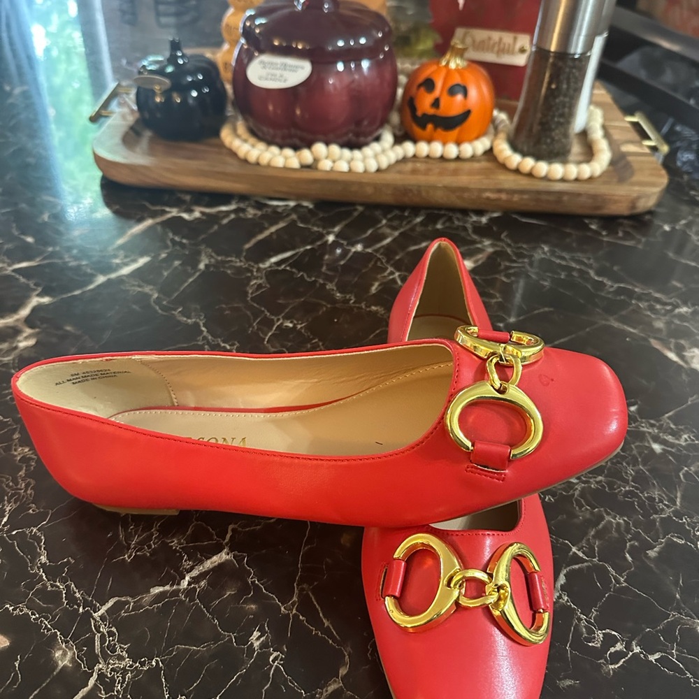 Versona Bold Red Moccasins with Gold Details